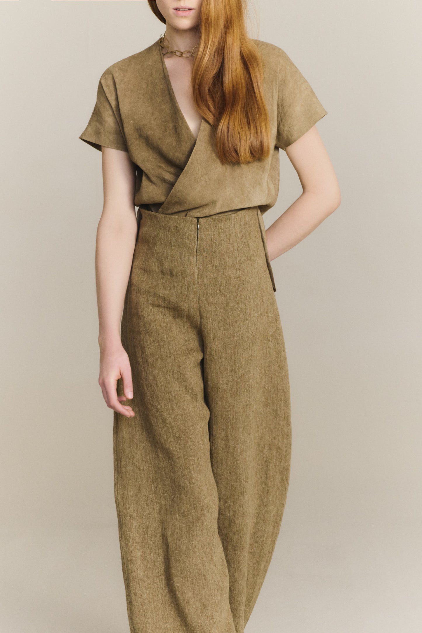 Tourmaline, khaki jacquard linen trousers