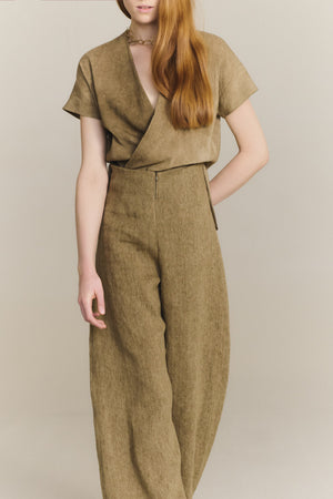 Tourmaline, khaki jacquard linen trousers