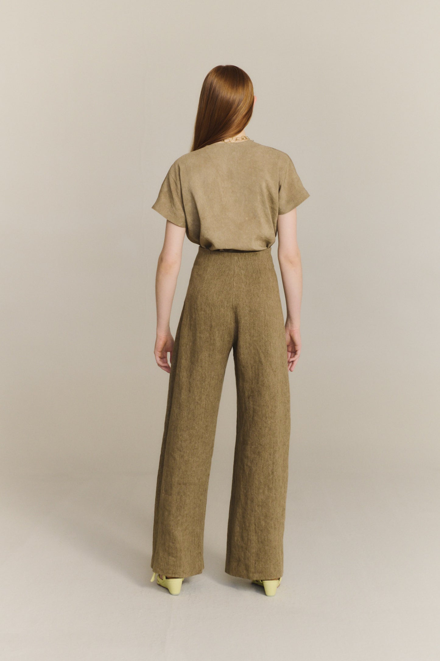 Tourmaline, khaki jacquard linen trousers