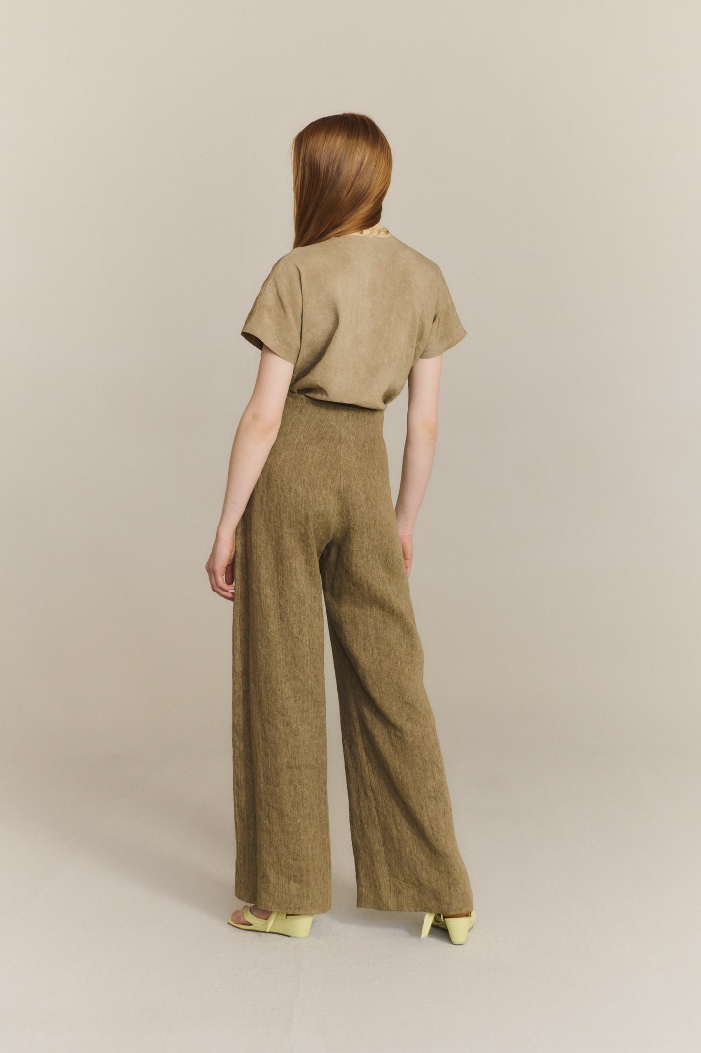 Tourmaline, khaki jacquard linen trousers