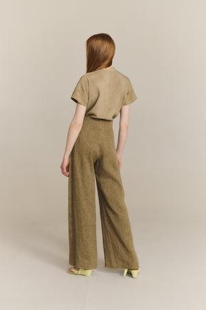 Tourmaline, khaki jacquard linen trousers