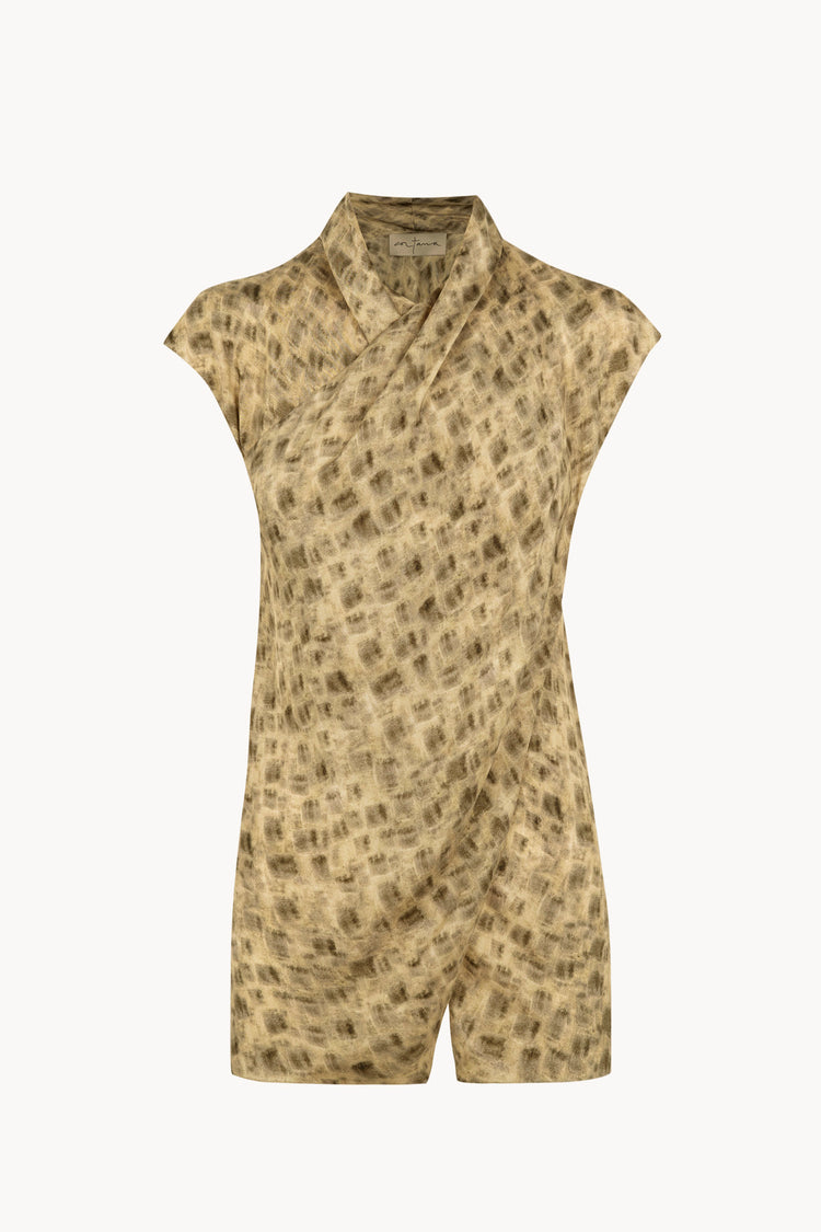 Cassiopea, top cruzado de cupro croma print