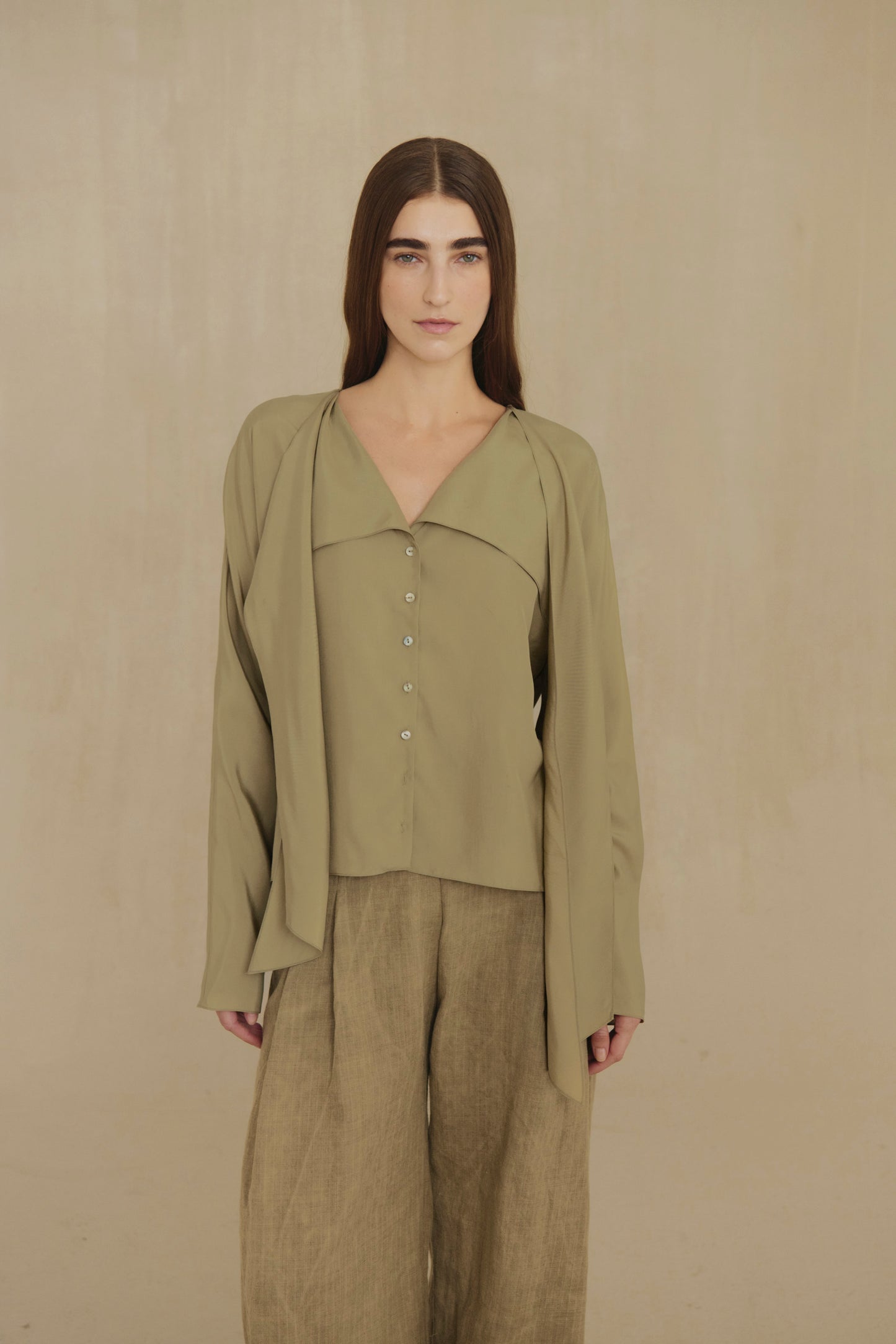 Causa, green silk poplin shirt