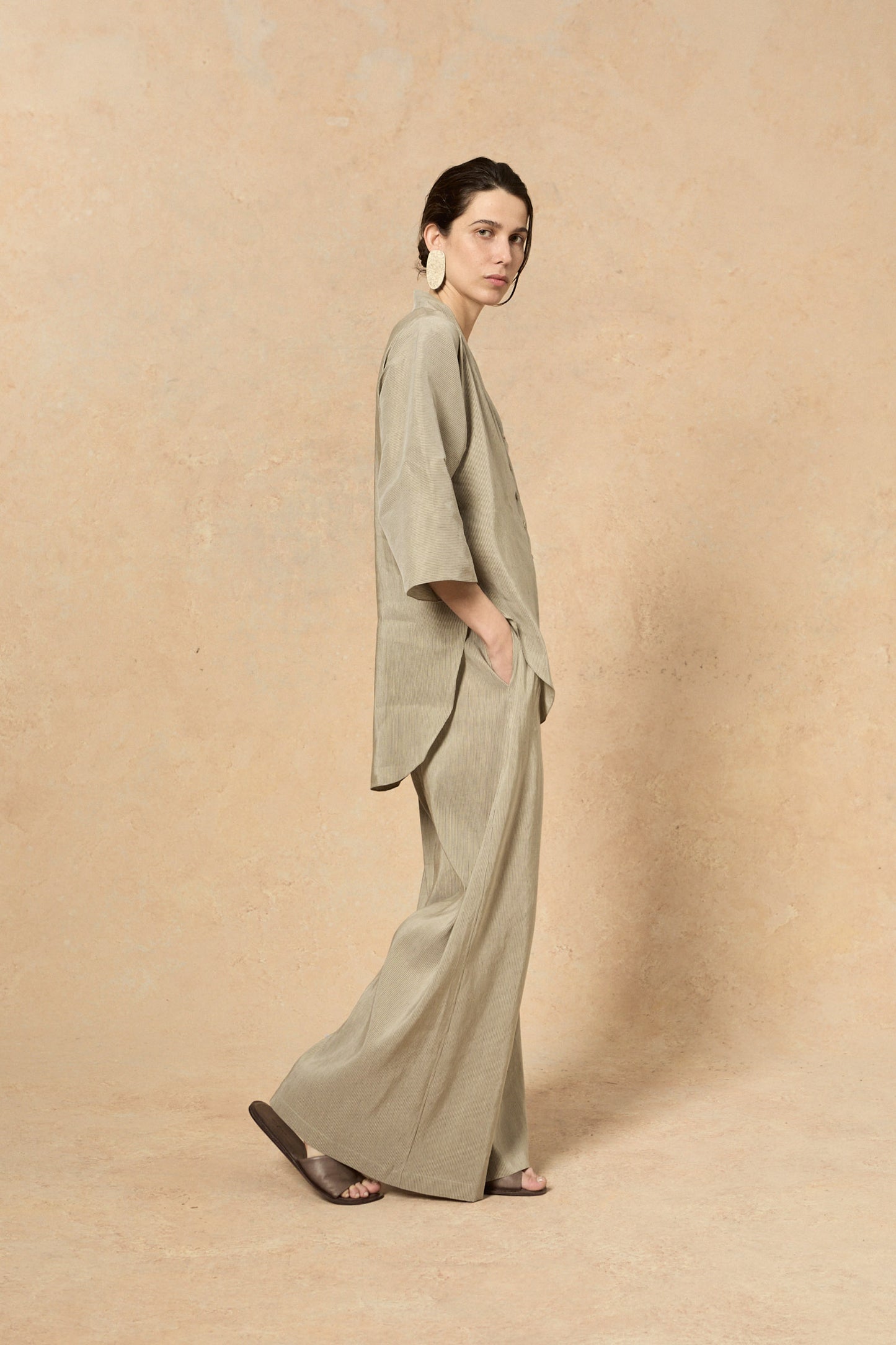 Cleo, green striped linen and silk pants
