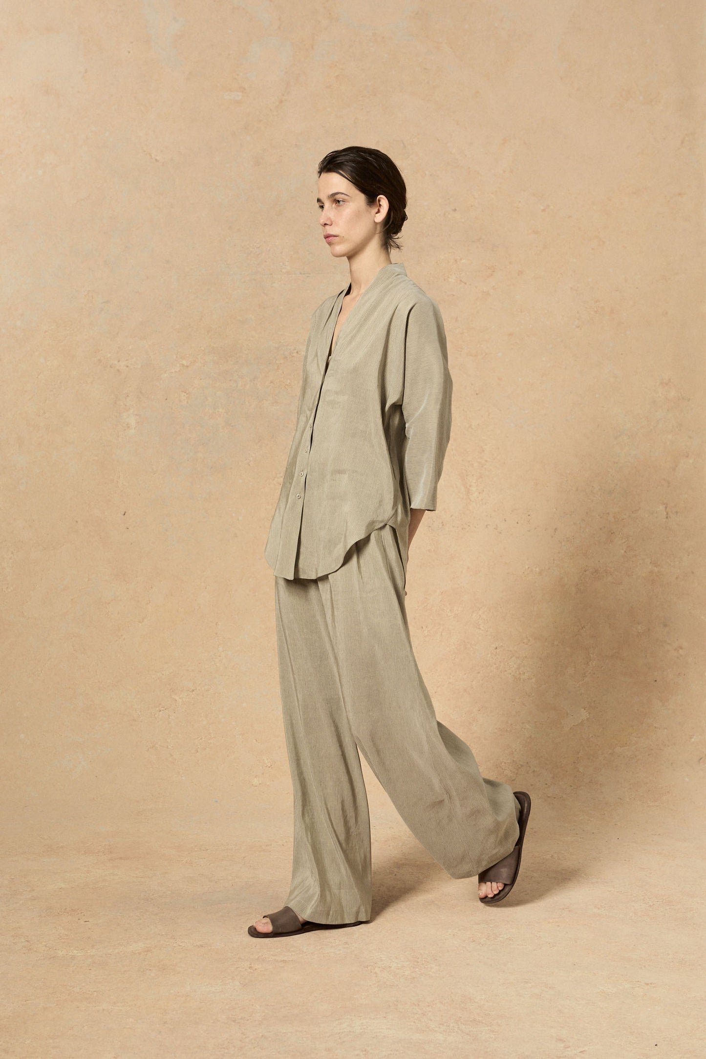Cleo, green striped linen and silk pants