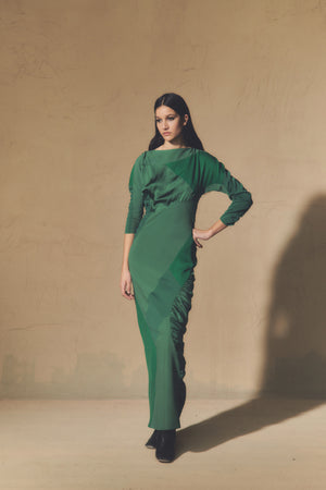 Collage, long green patchwork dress