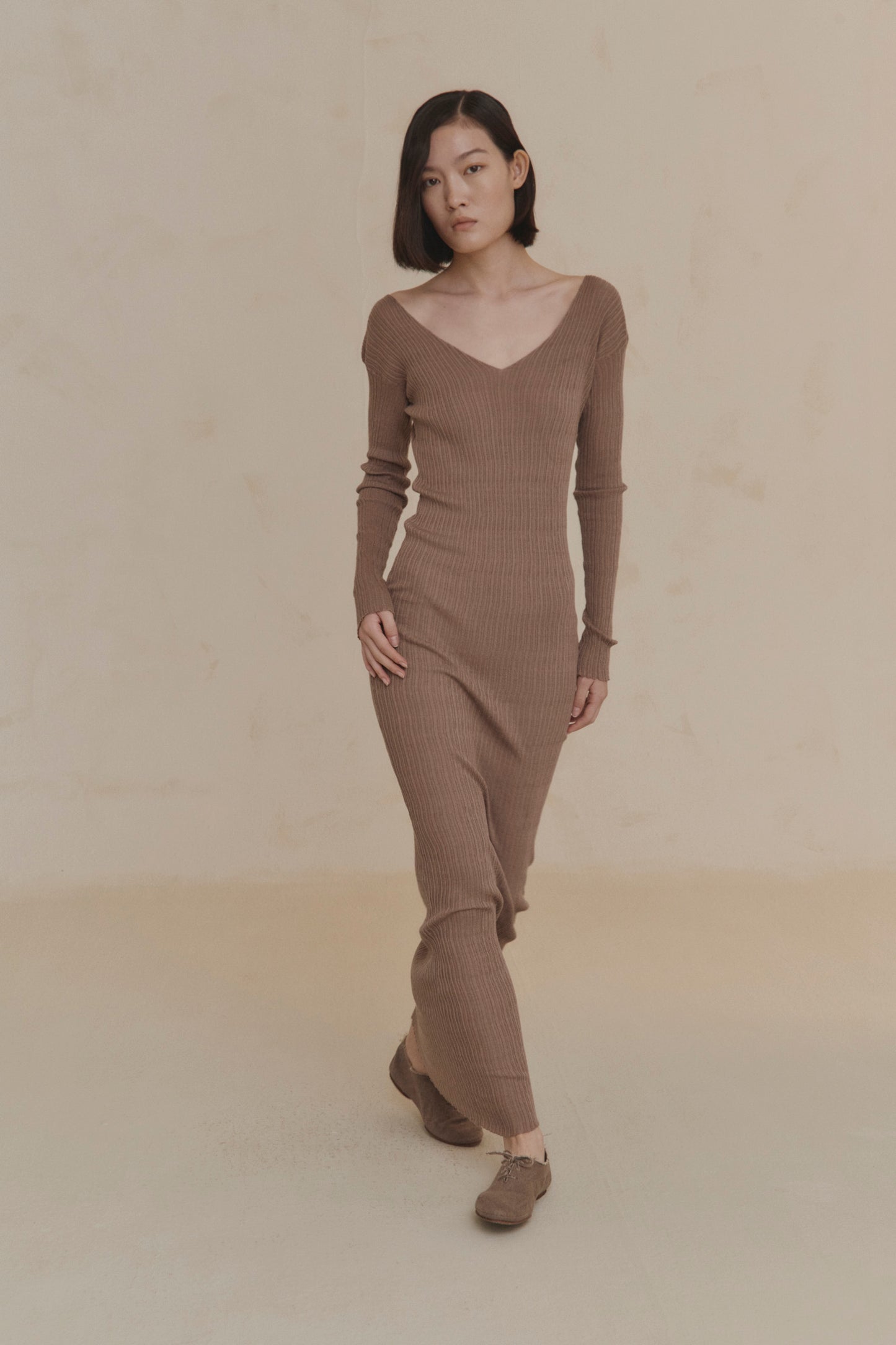 Cypress, long smoky mauve knit dress