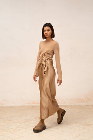 Gloria, cocoa sarong skirt in linen and viscose