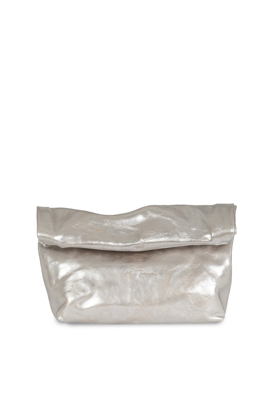 Delhi L, white silver leather large clutch