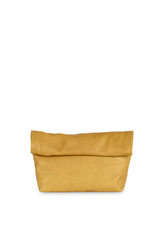 Delhi S, mustard leather clutch