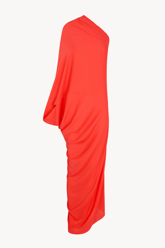Delore, coral red asymmetrical silk dress