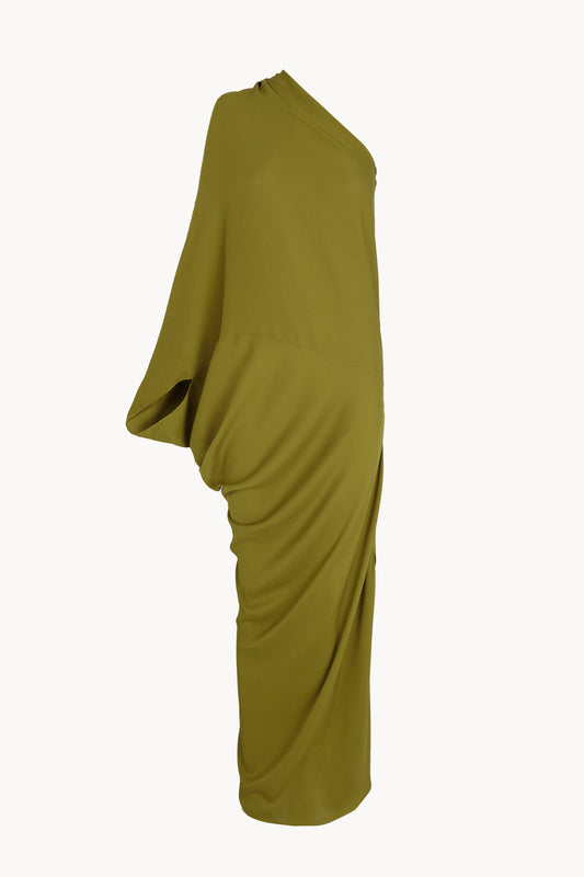 Delore, gold olive asymmetrical silk dress