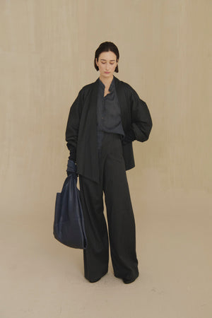 Destino, blue and grey jacquard striped wrap trousers