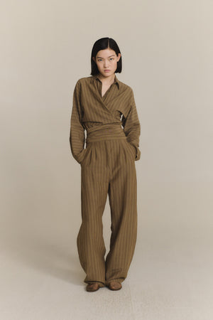 Edith, pantalon de lino a rayas marron