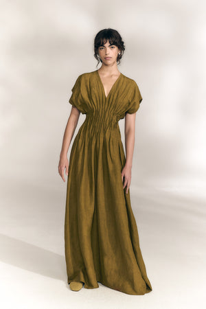 Elena, olive green gathered long dress