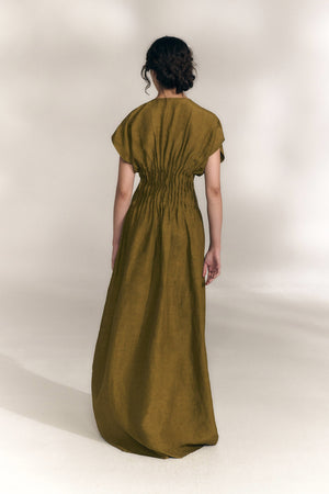 Elena, olive green gathered long dress