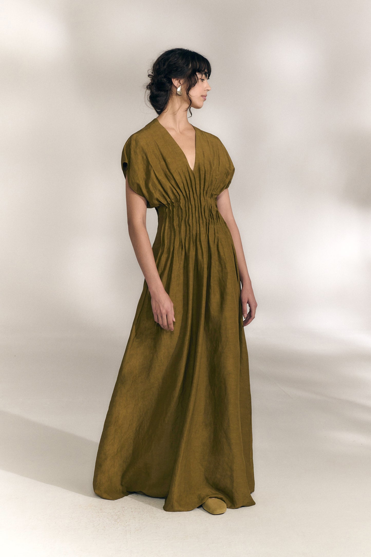 Elena, olive green gathered long dress