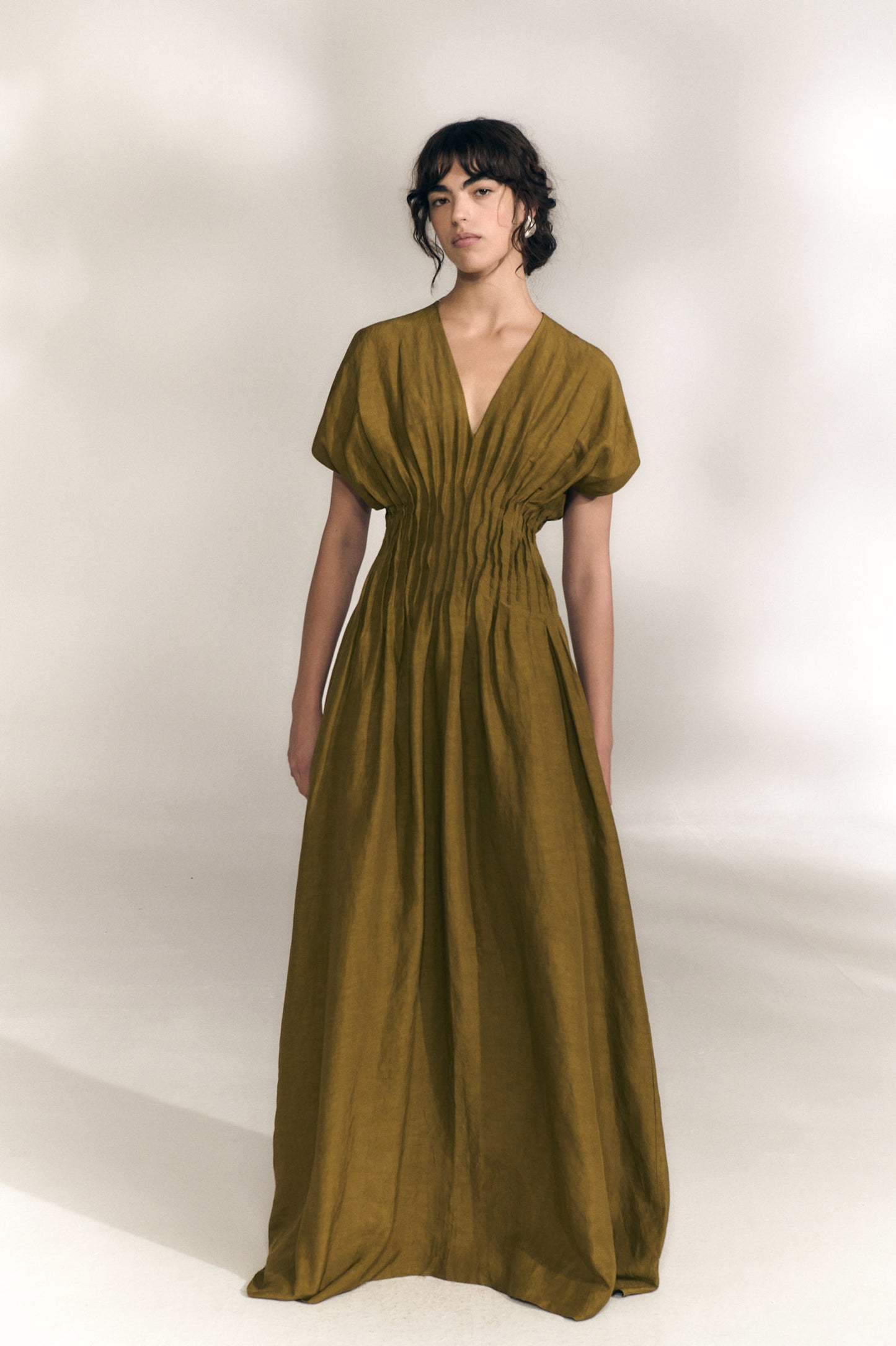 Elena, olive green gathered long dress