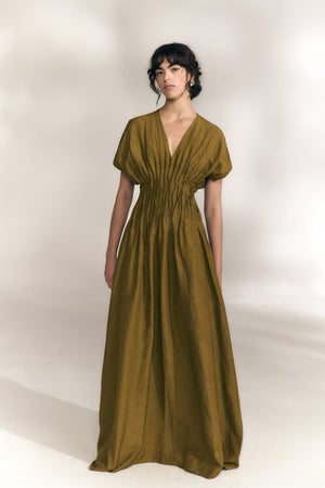 Elena, olive green gathered long dress