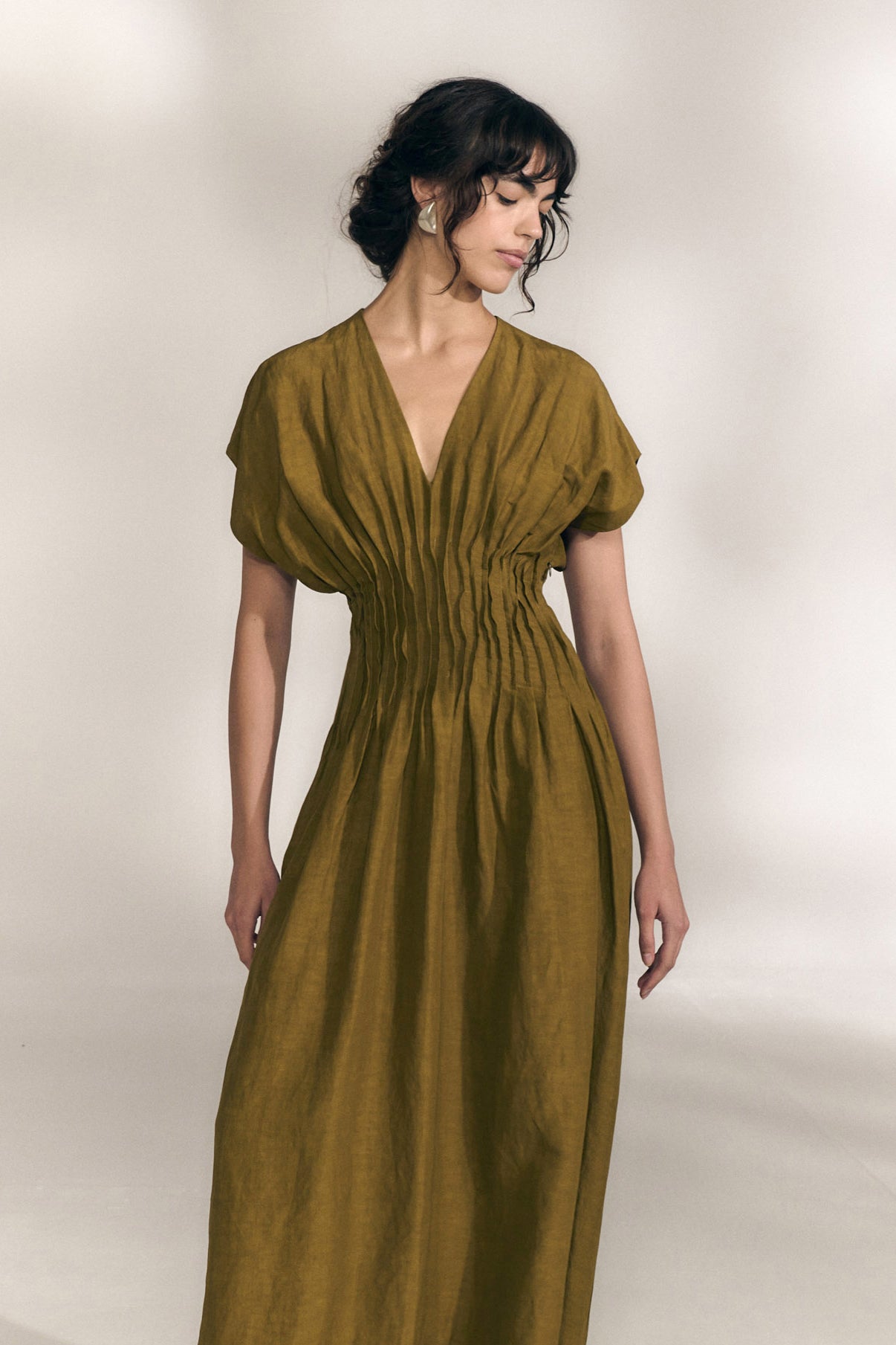Elena, olive green gathered long dress