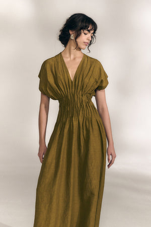 Elena, olive green gathered long dress
