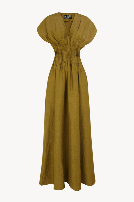 Elena, vestido largo fruncido verde oliva