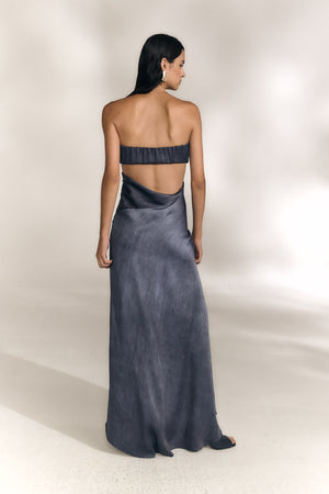 Elira, vestido palabra de honor azul maltinto