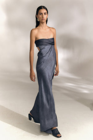 Elira, vestido palabra de honor azul maltinto