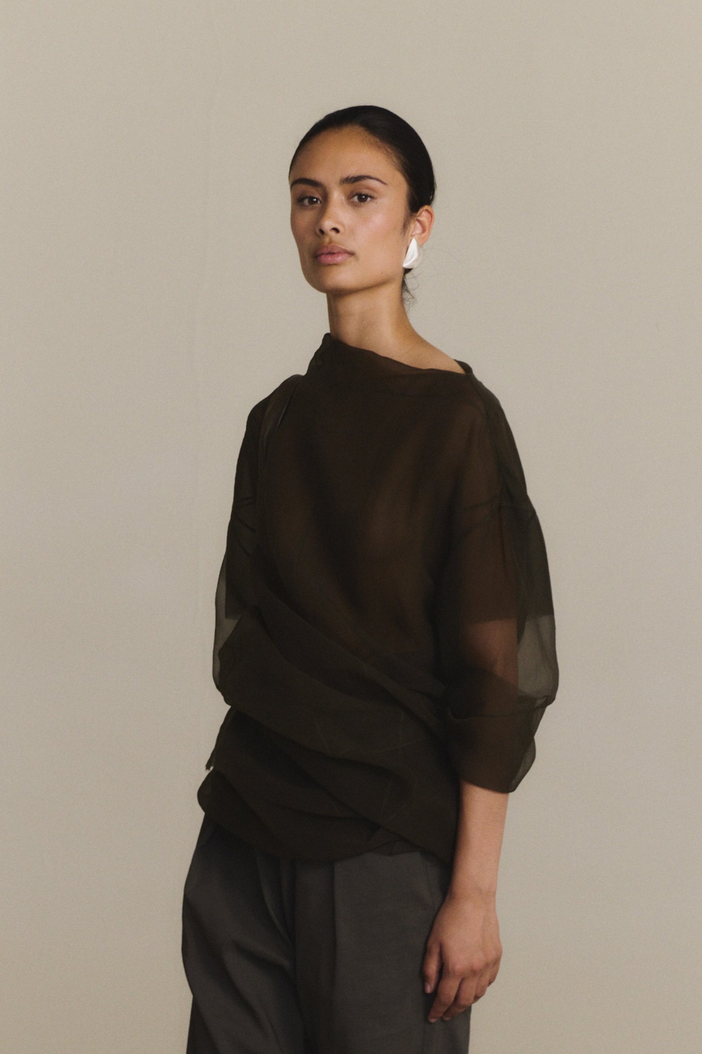 Elke, charcoal grey oversized silk chiffon top