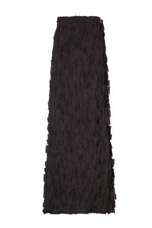 Epica, long silk skirt with a feathered effect