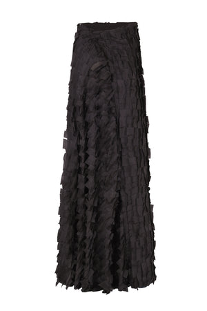 Epica, long silk skirt with a feathered effect