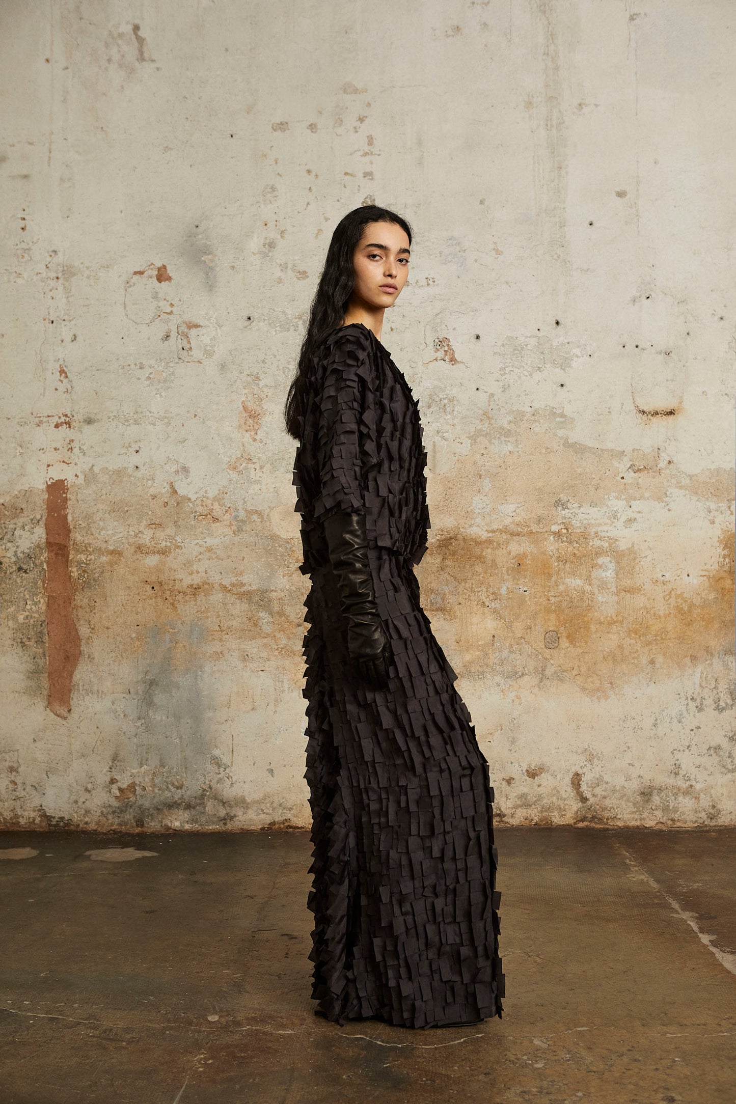 Epica, long silk skirt with a feathered effect