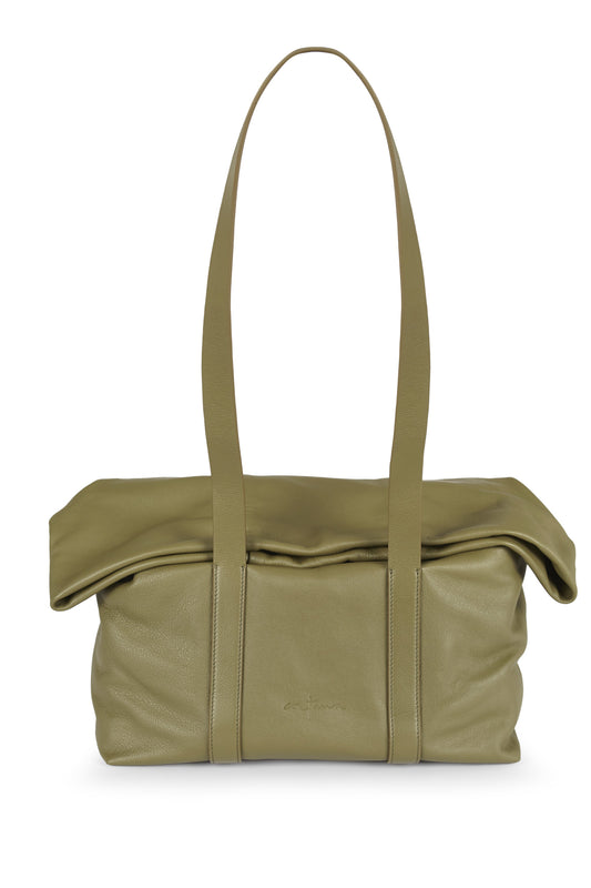 Folded, green leather bag