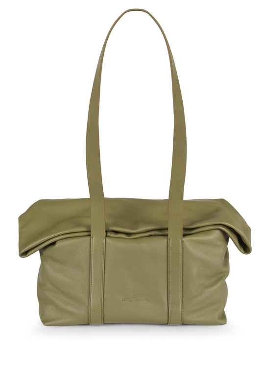 Folded, green leather bag