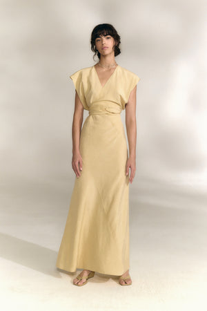 Gaia, vestido de lino y seda beige mares