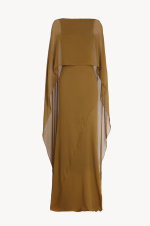 Galea, vestido con capa de seda verde musgo