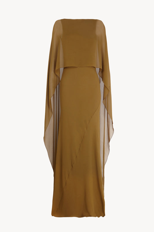 Galea, vestido con capa de seda verde musgo