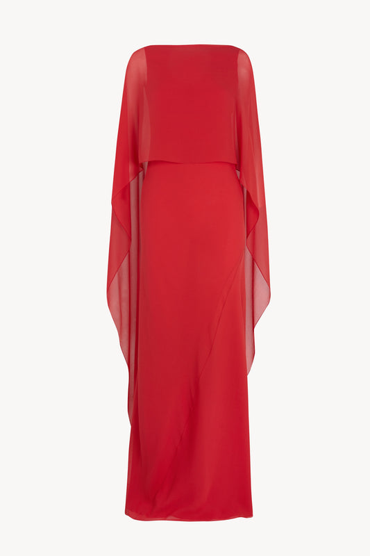 Galea, vestido con capa de seda rojo hibisco