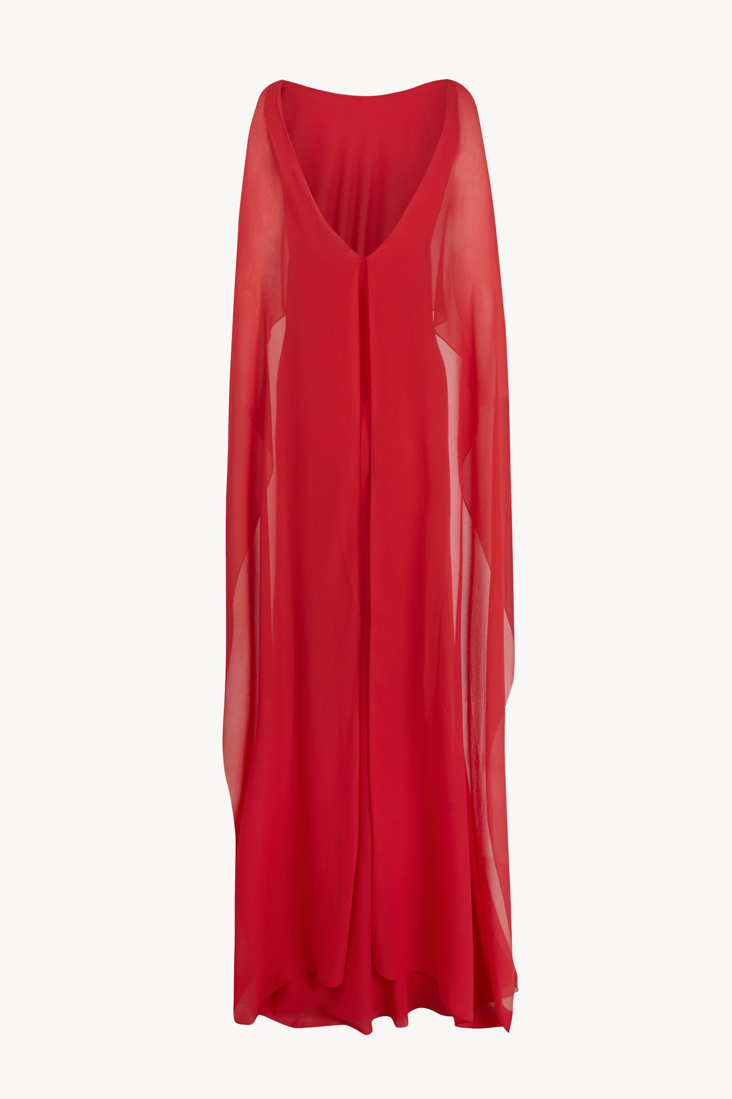 Galea, vestido con capa de seda rojo hibisco