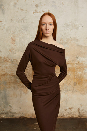 Genie, mahogany virgin wool dress