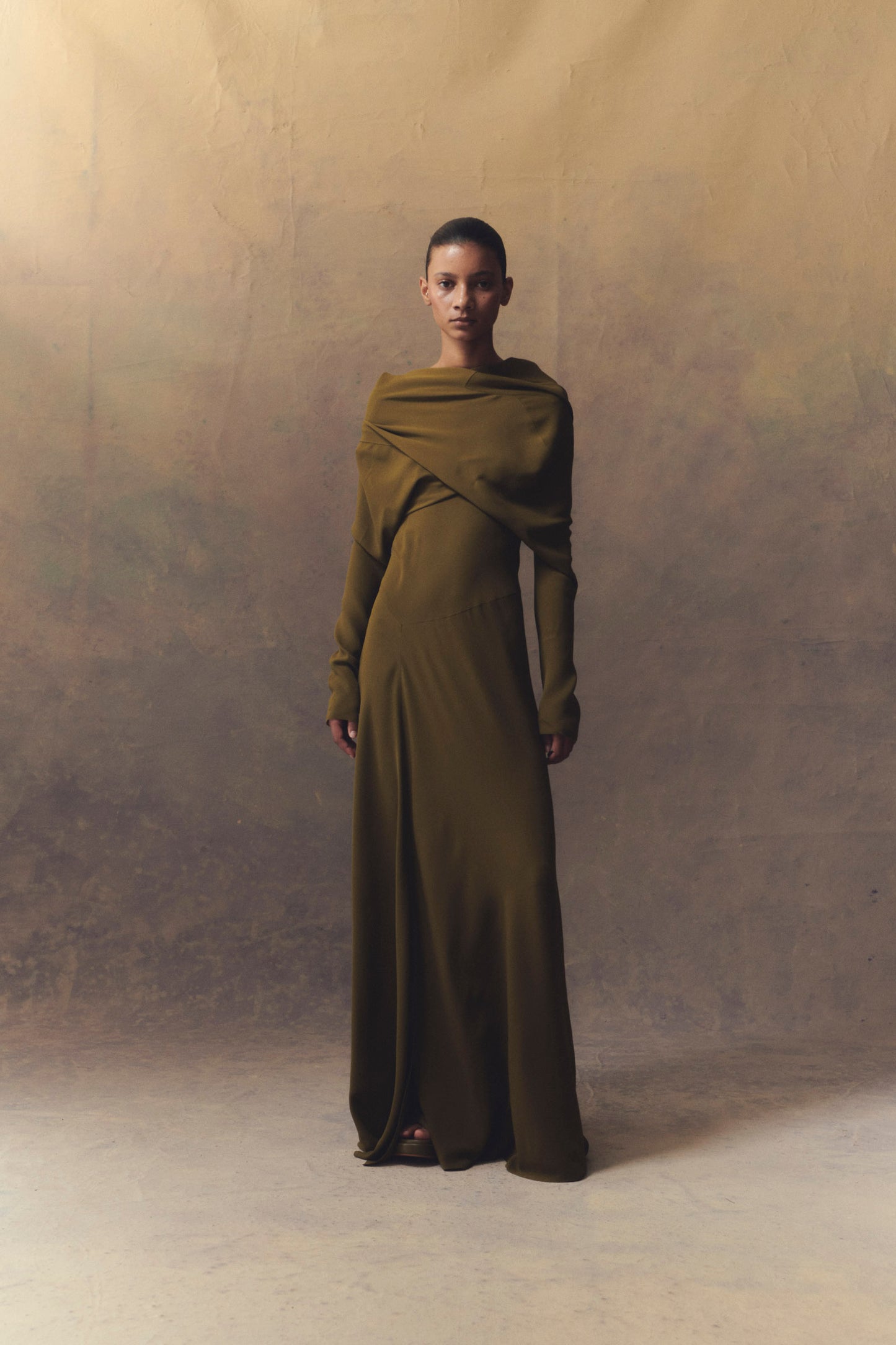 Cortana - Georgia, long dress in moss green silk Cortana - Georgia, long dress in moss green silk