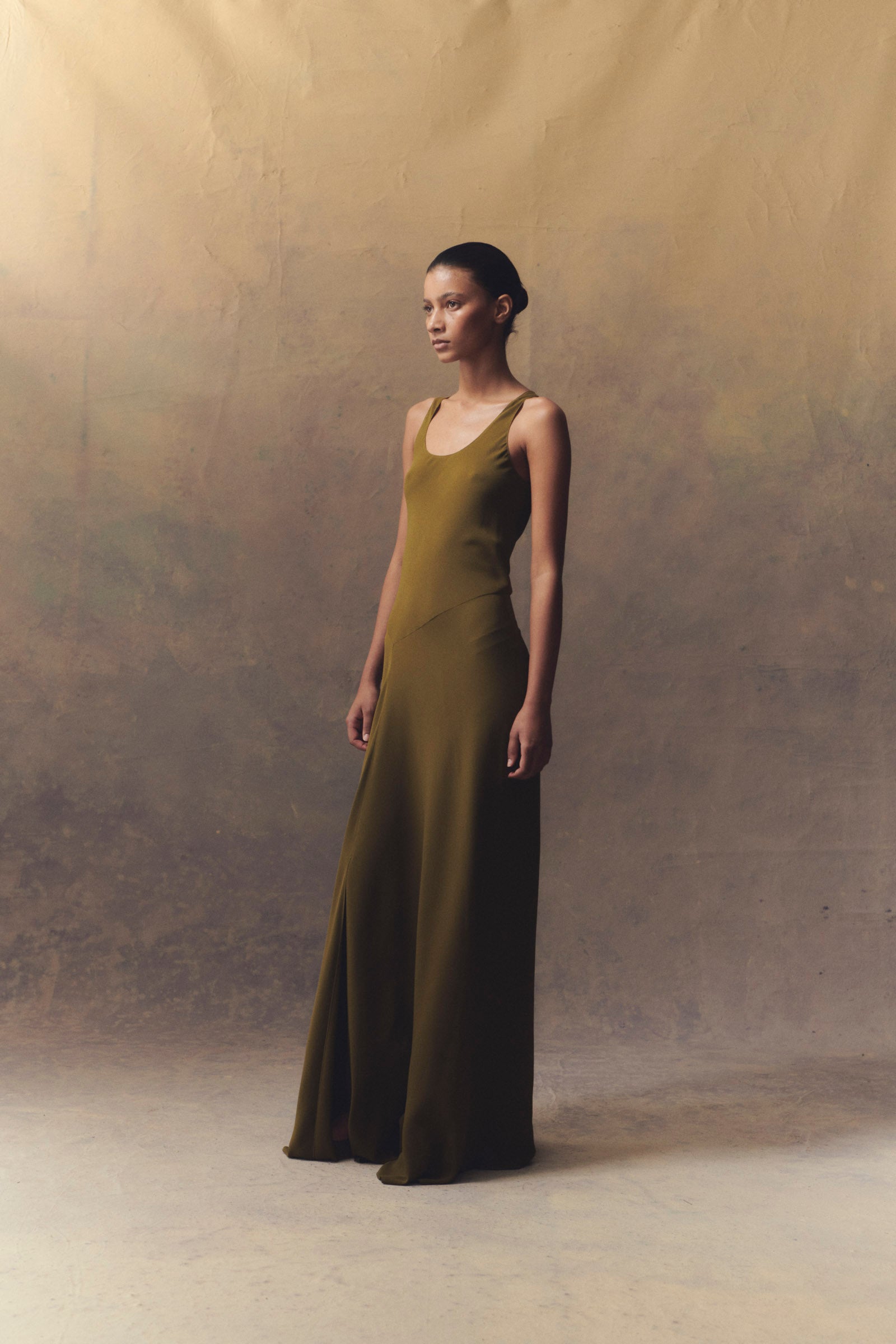Cortana - Georgia, long dress in moss green silk Cortana - Georgia, long dress in moss green silk