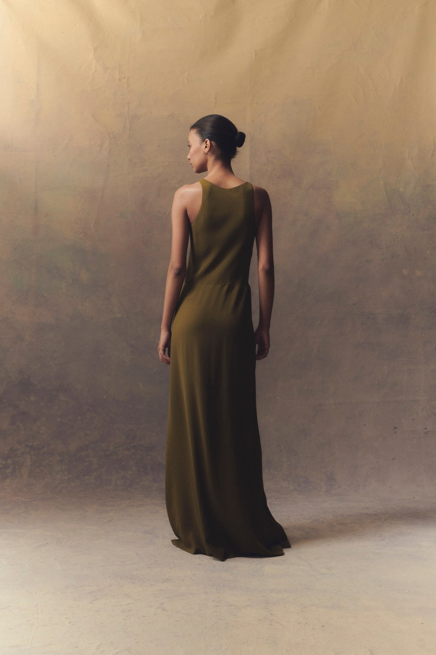 Cortana - Georgia, long dress in moss green silk Cortana - Georgia, long dress in moss green silk