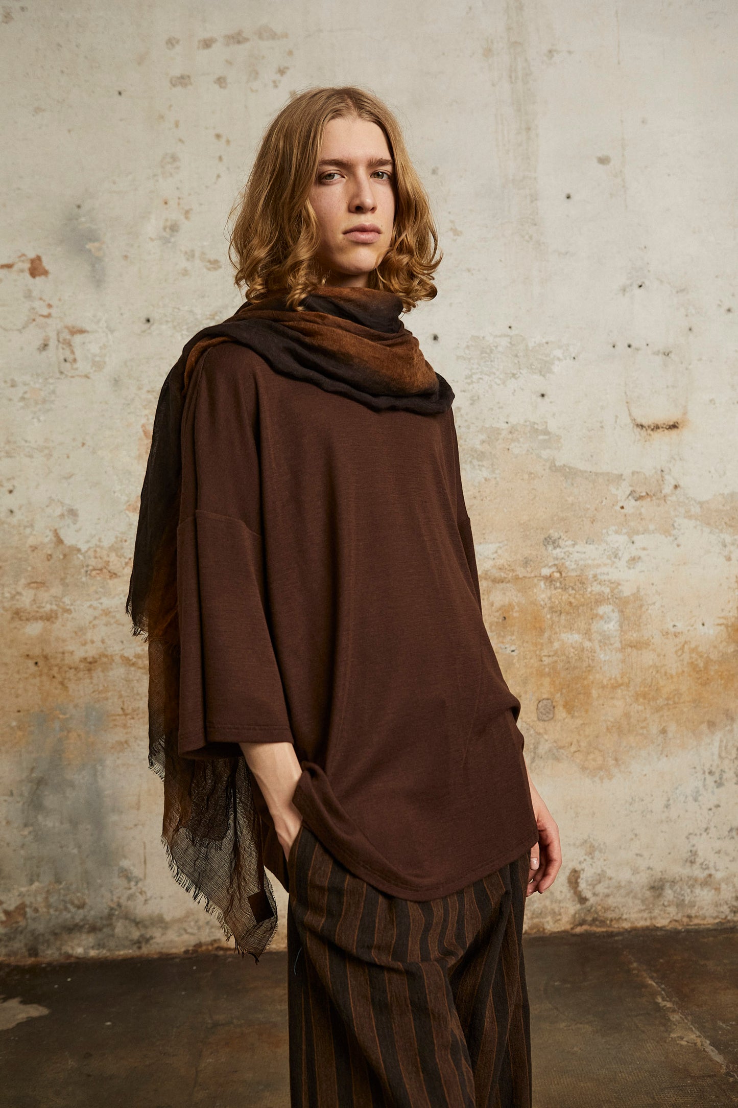 Marc, brown and tobacco striped scarf in cashmere and silk