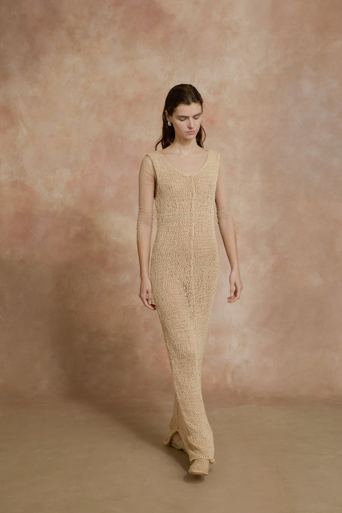 Hanami, long beige cotton knit dress