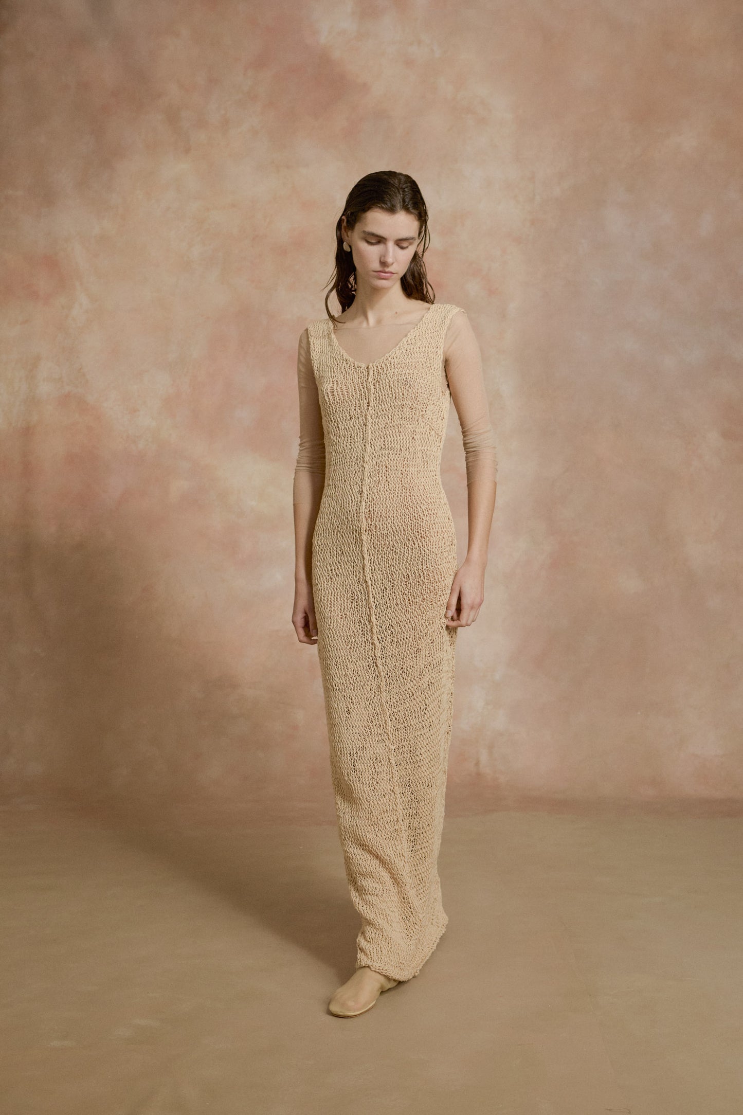 Hanami, long beige cotton knit dress