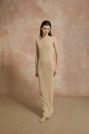 Hanami, long beige cotton knit dress