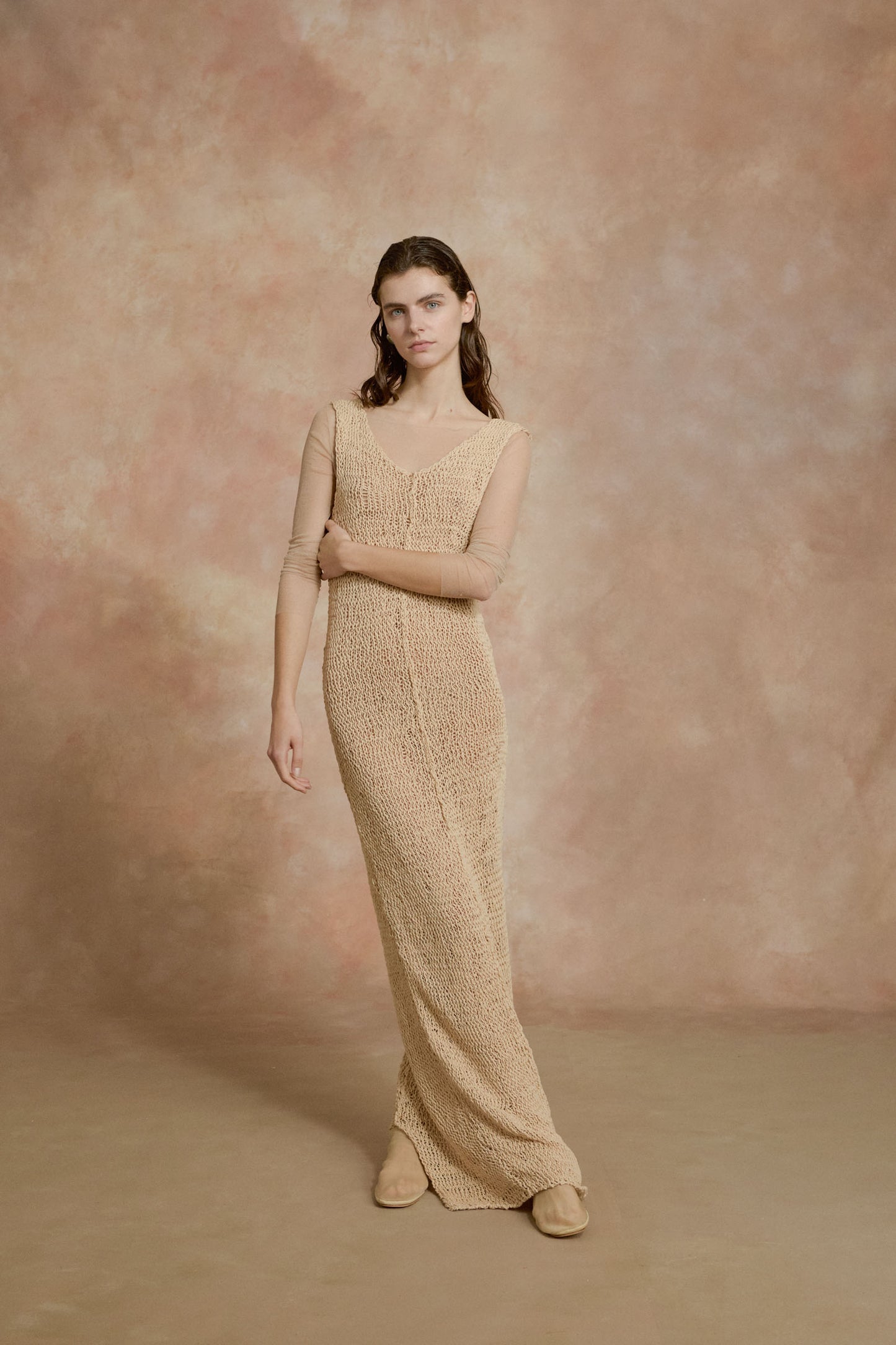 Hanami, long beige cotton knit dress