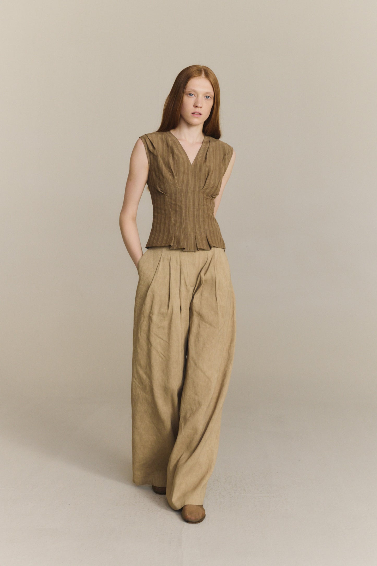 Ida, brown striped linen and silk top
