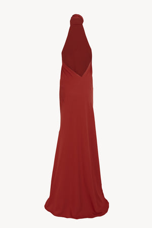 Irena, vestido halter de crepe de seda rojo carmin